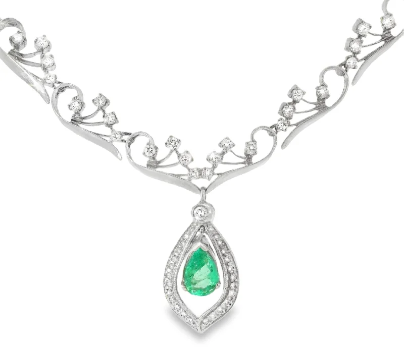 Ladies Necklaces Crafted Spark-Antique 14K White Gold Filigree Emerald Diamond Necklace