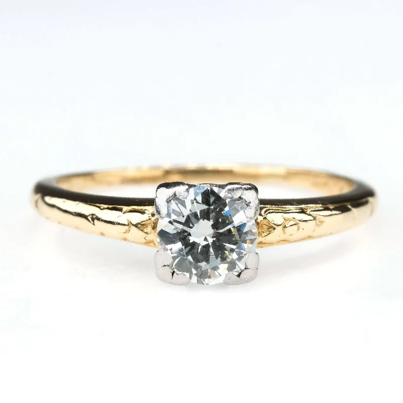 Ladies fairy glow wedding rings -Vintage Round 0.45ct Diamond Solitaire Etched Engagement Ring in 14K Yellow Gold