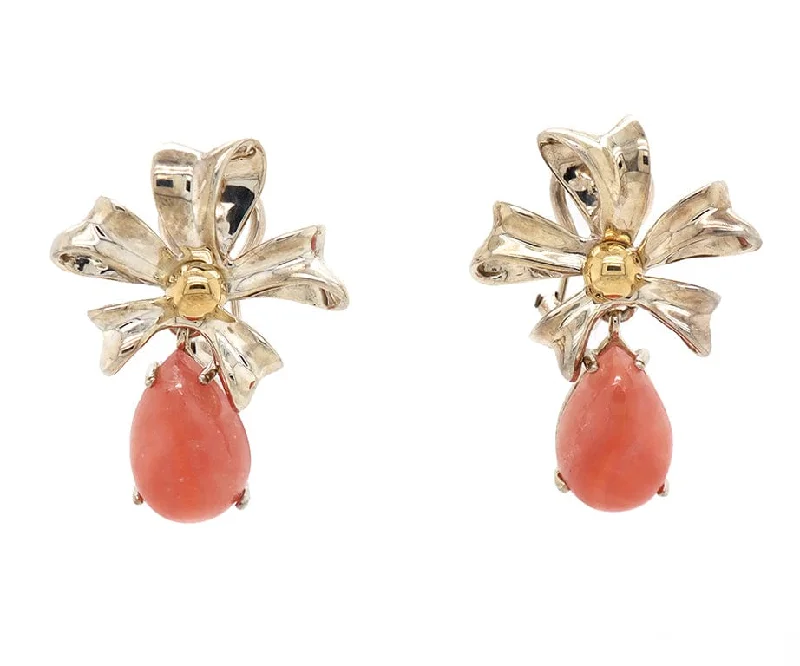 Ladies dog paw earrings -Tiffany & Co. Rhodochrosite Bow Drop Clip On Earrings in 18K and Sterling