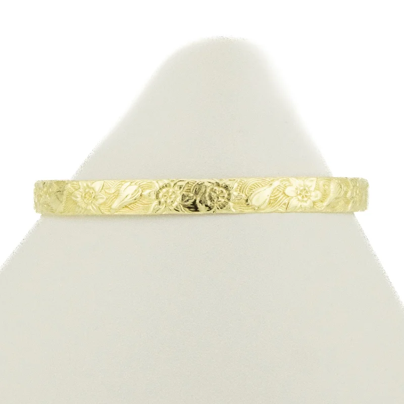 ladies rose gold bracelets anniversary gift -7mm Floral Fashion Bangle 8" Bracelet in 14K Yellow Gold