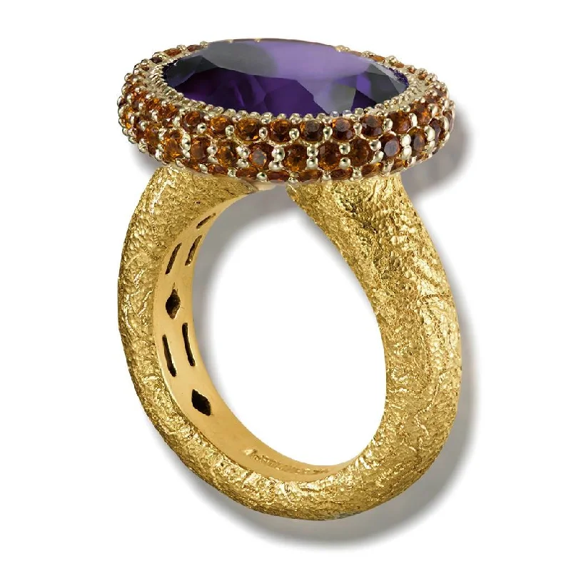 Ladies club vibe rings -Gold Cocktail Ring with Amethyst & Madeira Citrine