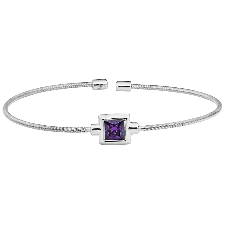 knot design bracelets for women -Rhodium Finish Sterling Silver Cable Cuff Bracelet with Princess Cut Simulated Amethyst Birth Gem