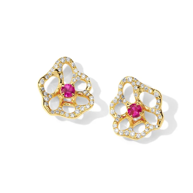 Ladies daring glow earrings -Ippolita 18k Yellow Gold Mini Flora Diamond and Pink Sapphire Stud Earring