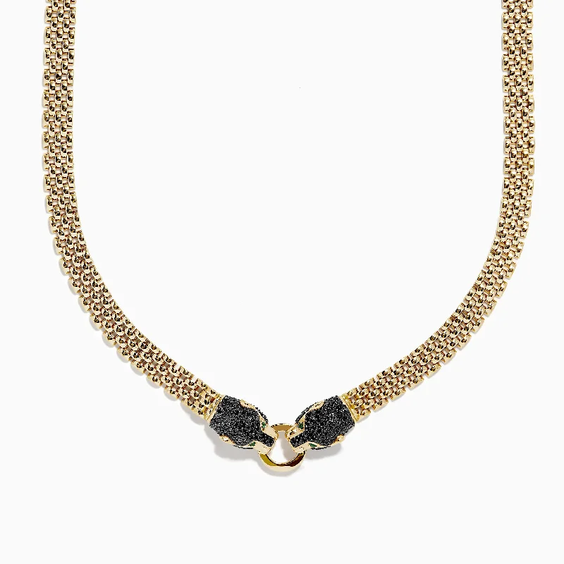 Ladies Necklaces with Gold Milarite-Signature 14K Gold Black Diamond and Emerald Panther Necklace, 1.27