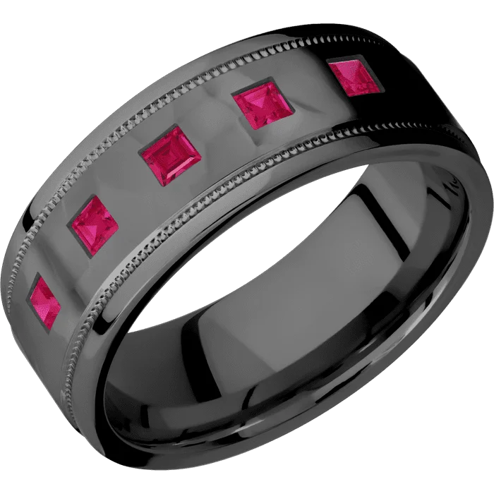 Ladies elephant trunk rings -8mm wide Flat Stepped Edges Milgrain Black Zirconium Ring with Rock Polish Finish / 5 Princess .1 carat Ruby Flush-Set Gemstones