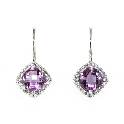 Ladies bespoke artisan earrings -14k White Gold halo Amyethyst and Diamond earrings