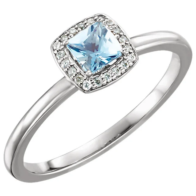 Ladies astrology charm rings -14K White Gold Aquamarine Square & .05 CTW Diamond Halo Ring