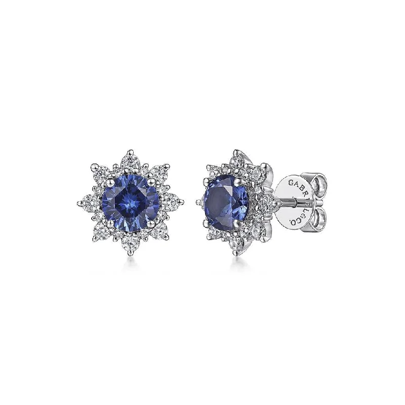 Ladies starlit gleam earrings -Gabriel & Co 14K White Gold Diamond and Blue Sapphire Starburst Stud Earrings