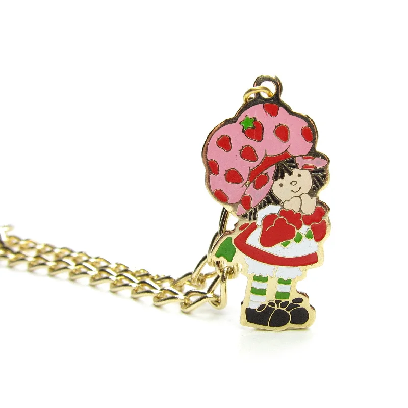 luxury gold bracelets for ladies special events -Strawberry Shortcake Bracelet Gold Vintage 1980 with Enamel Charm