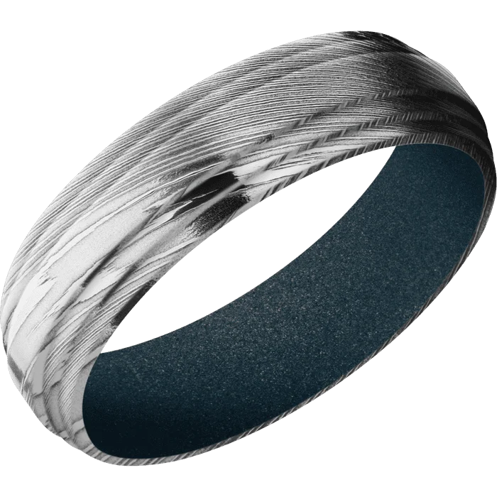 Ladies airy titanium rings -6mm wide Flat Double Stepped Edges Damascus Steel Ring with Polish Damascus Finish / Blue Titanium Cerakote Sleeve