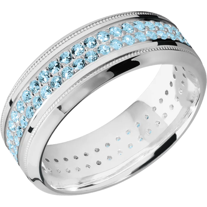 Ladies hefty gleam rings -8mm wide High Bevel Milgrain 10k White Gold Ring with Polish Finish / 2 Row Eternity Round .015 carat Aqua Diamond Bead Channel-Set Gemstones