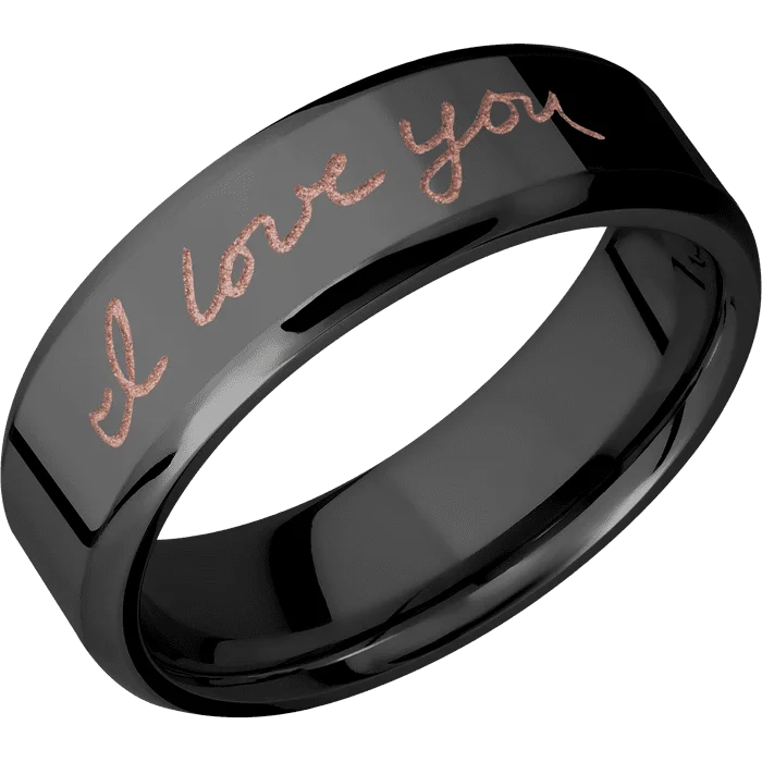 Ladies premium shine rings -7mm wide Beveled Black Titanium Ring with Polish Finish / Hand Writing Design and Rose Gold Cerakote Accents