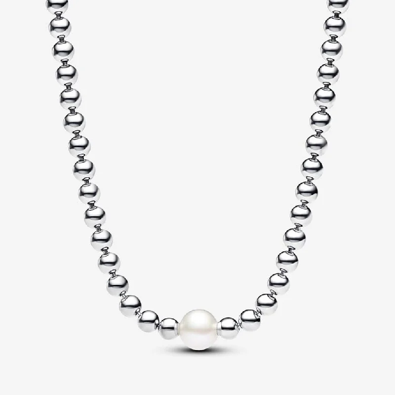 Ladies Necklaces with Grey Lawsonite-PANDORA : Treated Freshwater Cultured Pearl & Beads Collier Necklace - Sterling Silver