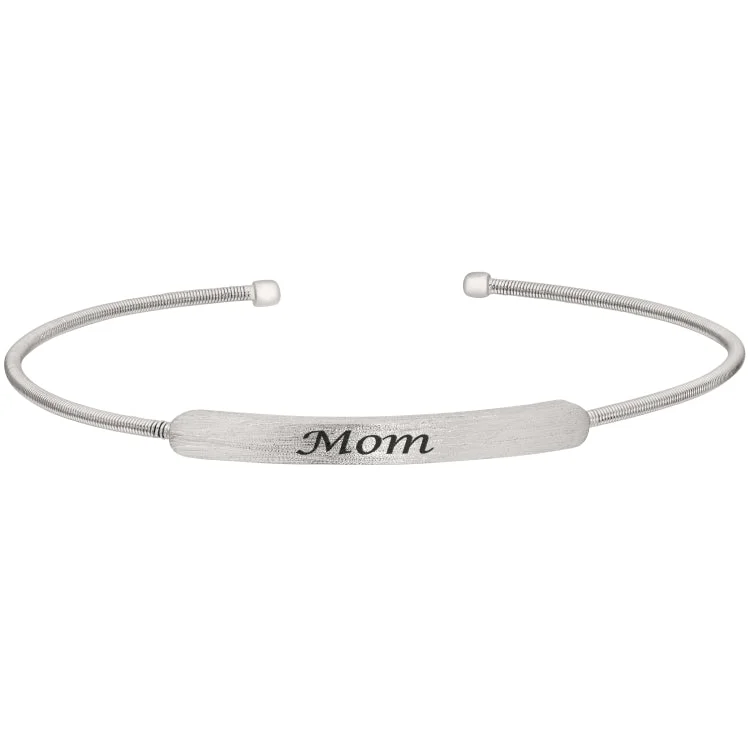 mosaic design bracelets for women -Rhodium Finish Sterling Silver Cable Cuff Bracelet with Name Plate - MOM