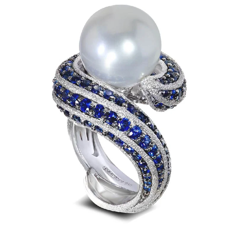 Ladies open design rings -Gold Twist Ring With Pearl & Sapphires