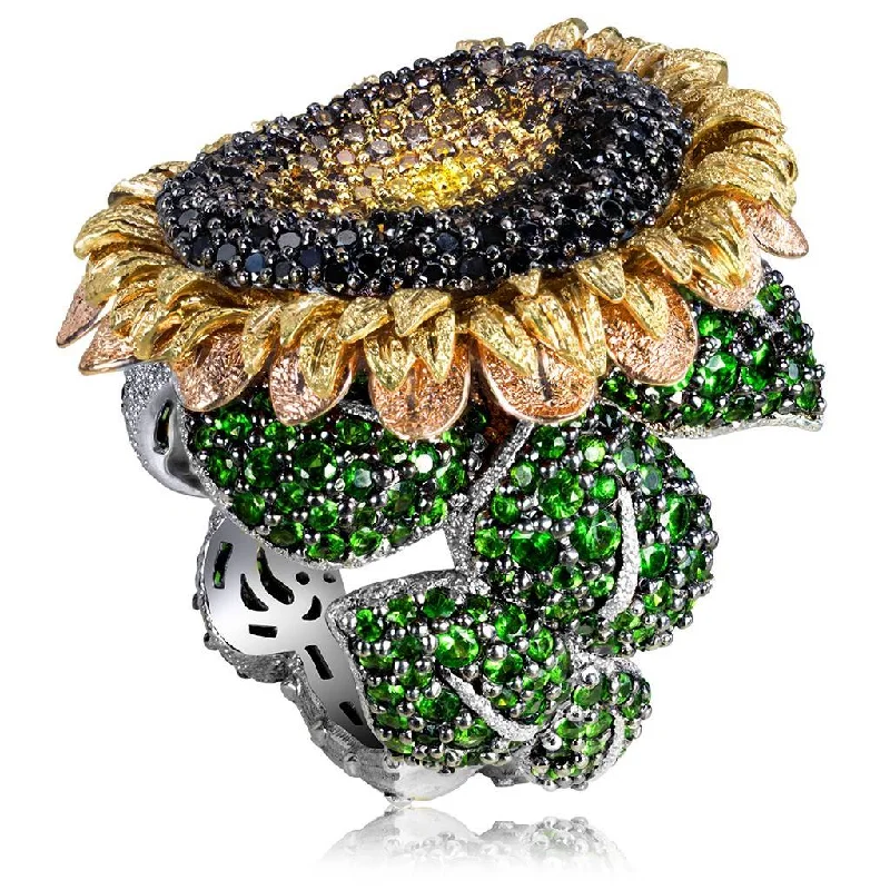 Ladies feathery light rings -Gold Sunflower Ring with Color Diamonds