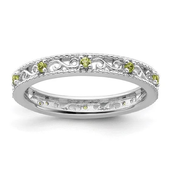 Ladies spring petal rings -Sterling Silver Stackable Expressions Peridot Filigree Ring - Size 7