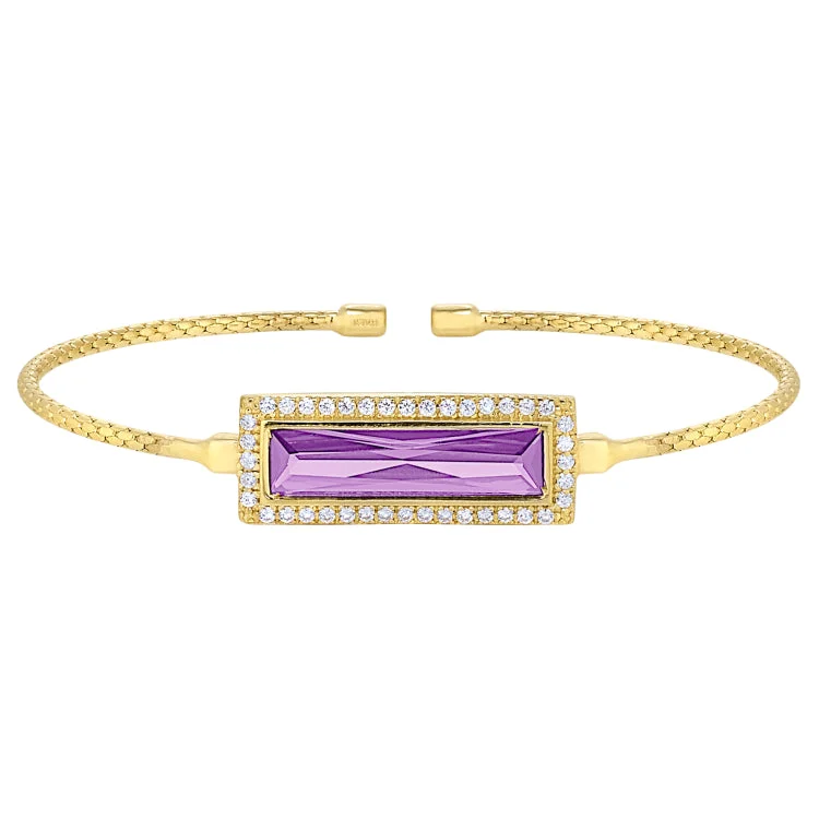 ladies white gold bracelets pearls -Gold Finish Sterling Silver Cable Cuff Bracelet with Rectangular Simulated Light Amethyst Stone and Simulated Diamonds