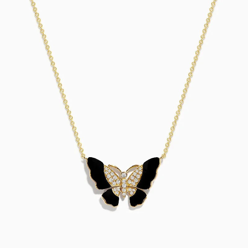 Ladies Necklaces with Round Spark-Nature 14K Yellow Gold Onyx and Diamond Butterfly Necklace