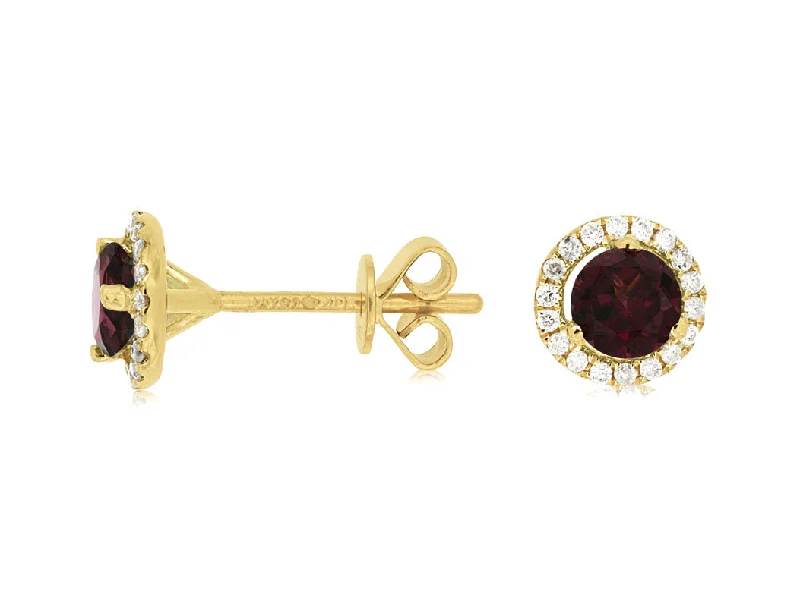 Ladies sisterly spark earrings -14k Yellow Gold Rhodolite and Diamond Halo earrings