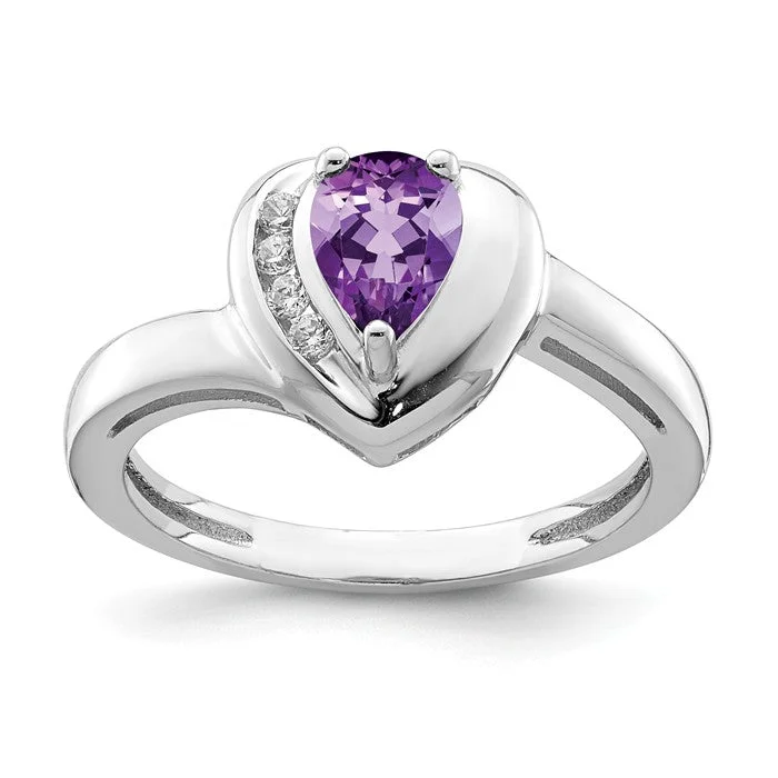 Ladies artistic abstract rings -Sterling Silver Amethyst Pear And White Topaz Heart Ring