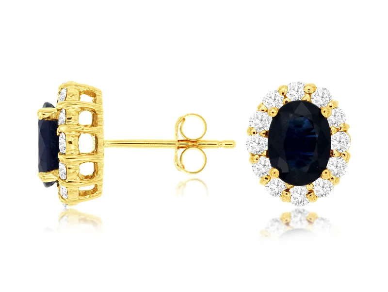 Ladies memory gleam earrings -14K Yellow Gold Oval Sapphire Diamond Halo Stud Earring