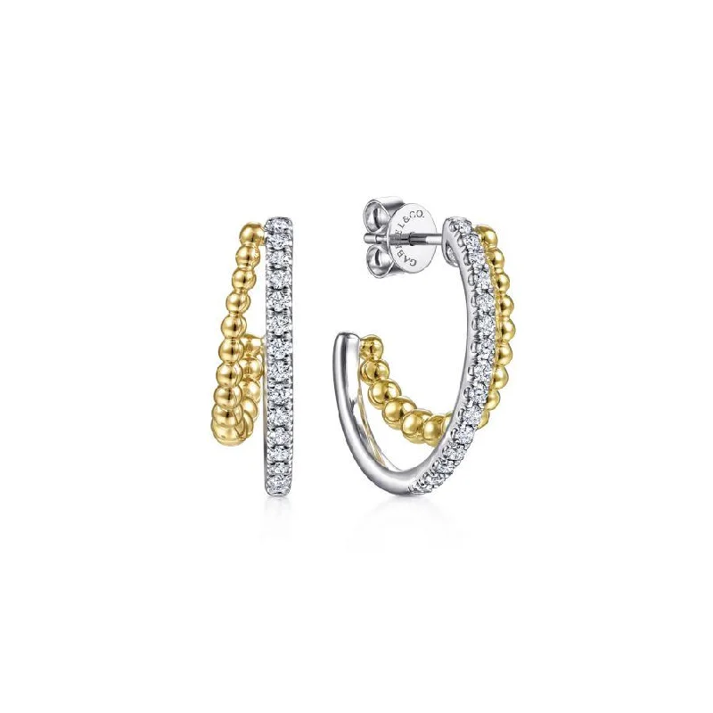 Ladies brilliant crystal earrings -Gabriel & Co. - EG13973M45JJ - 14K Yellow-White Gold 20 mm Diamond and Bead Double Row Classic Hoop Earrings