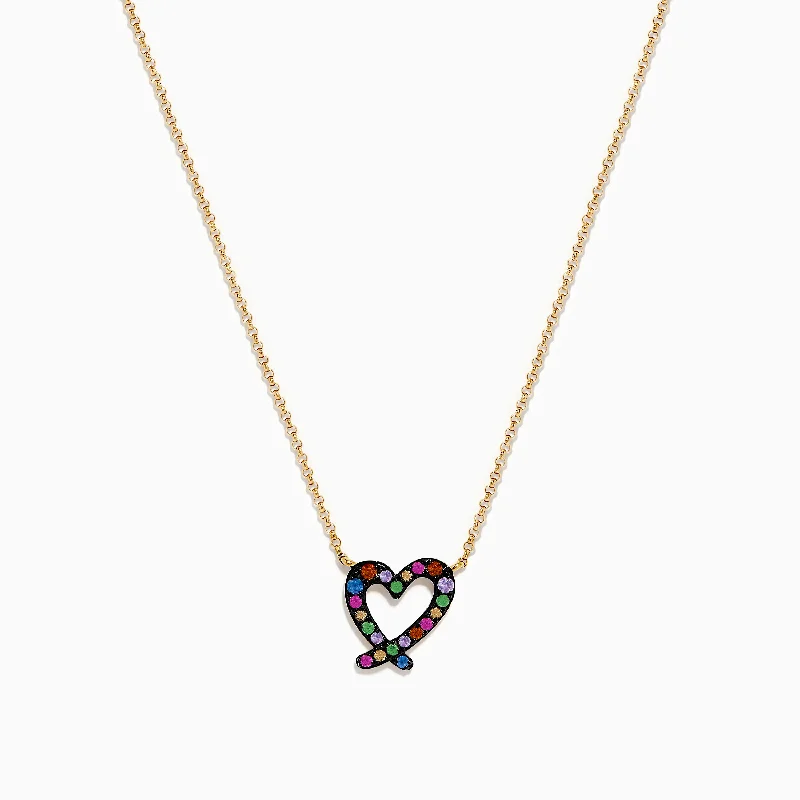 Ladies Necklaces Slim Shine-Watercolors 14K Yellow Gold Multi Sapphire Open Heart Necklace