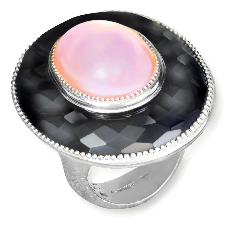 Ladies tribal rhythm rings -Silver Galactica Ring with Rose Quartz, Mother of Pearl & Hematite