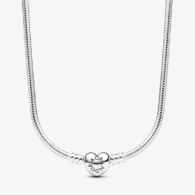 Ladies Necklaces with Dark Obsidian-PANDORA : Pandora Moments Heart Clasp Snake Chain Necklace - Sterling Silver