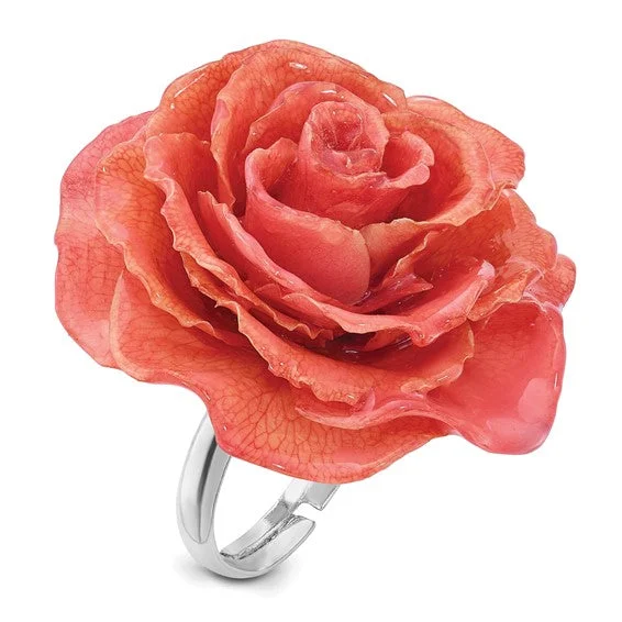 Ladies rainbow burst rings -Lacquer Dipped Pink Real Rose Adjustable Ring