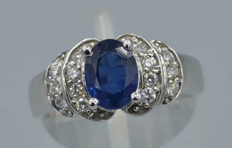 Ladies spring petal rings -14K white gold ring with Blue Sapphire and diamonds