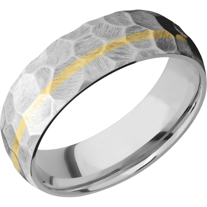 Ladies standout bold rings -7mm wide Domed Platinum Ring with Rock Finish / One 1mm Off Center 14k Yellow Gold Inlay