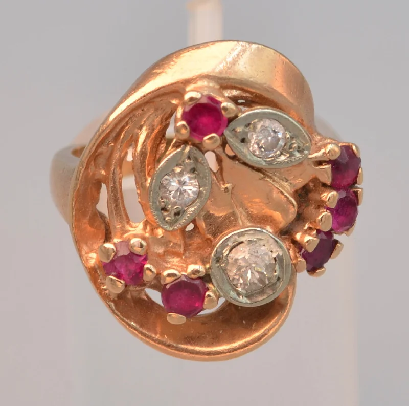 Ladies bold red rings -14K Rose Gold Diamond and Ruby ring, ca. 1940's Retro style