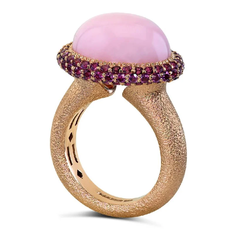 Ladies forest leaf rings -Gold Cocktail Ring with Pink Opal & Garnets