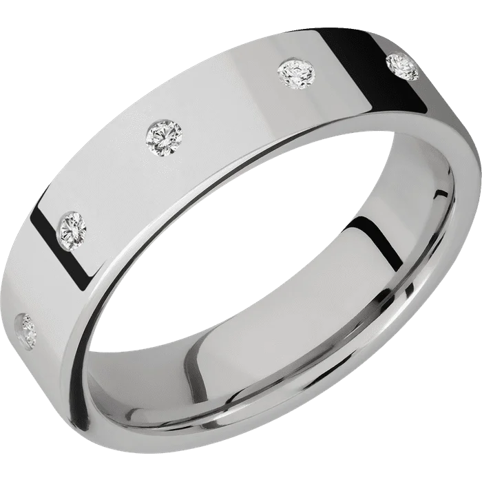 Ladies intricate charm rings -6mm wide Flat Titanium Ring with Polish Finish / 5 Round .03 carat Standard Lab Grown Diamond Flush-Set Gemstones