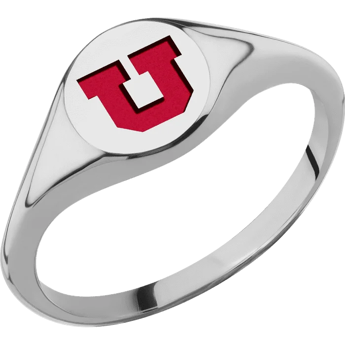 Ladies intricate charm rings -Circle Titanium Signet Ring / Polish Ring Finish and Polish Signet Finish / Utah Block U Design with Utah Red Cerakote / Size 8.5