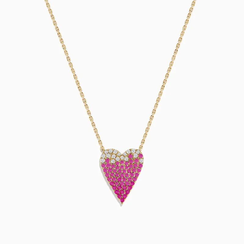 Ladies Necklaces for Work Glow-14K Yellow Gold Pink Sapphire and Diamond Heart Necklace