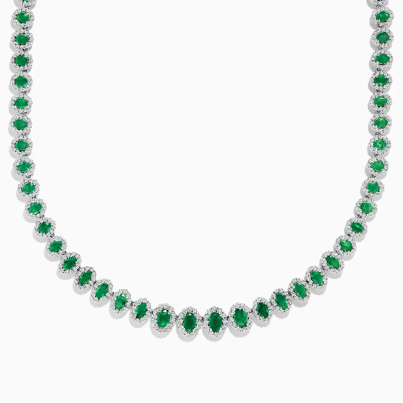 Ladies Necklaces for Science Shine-14K White Gold Emerald and Diamond Tennis Necklace