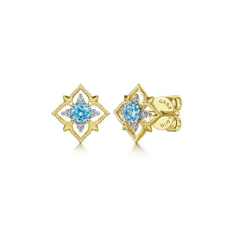 Ladies Mother’s joy earrings -Gabriel & Co. - EG14415Y45BT - 14K Yellow Gold Floral Swiss Blue Topaz and Diamond Stud Earrings